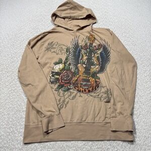 Utility Hoodie Men Large Tan Skull Rose Guitar Wings Graphic Pullover Rock Style